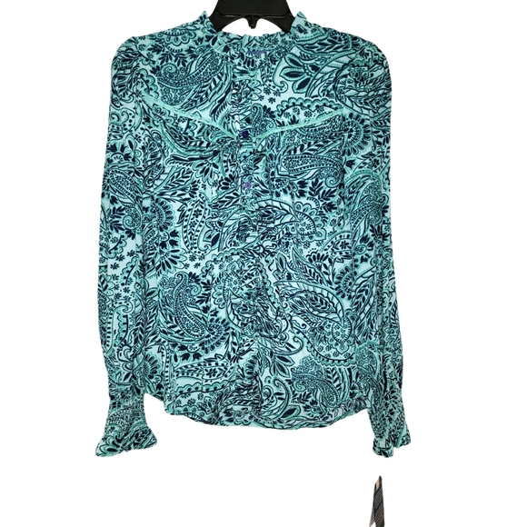 Democracy Green and Blue Paisley Print Blouse with Long Sleeves New With Tags - Picture 1 of 10